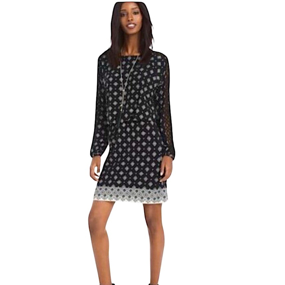 WHBM White House Black Market Lattice Sleeve Printed Blouson Dress Sz S